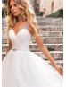 V Neck White Ruched Tulle Beaded Simple Wedding Dress